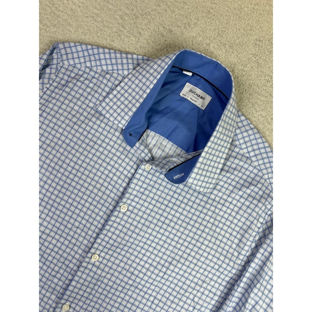 Duchamp Dress‎ Shirt Mens Large 16.5 42 Blue White Check Slim Fit Long Sleeve